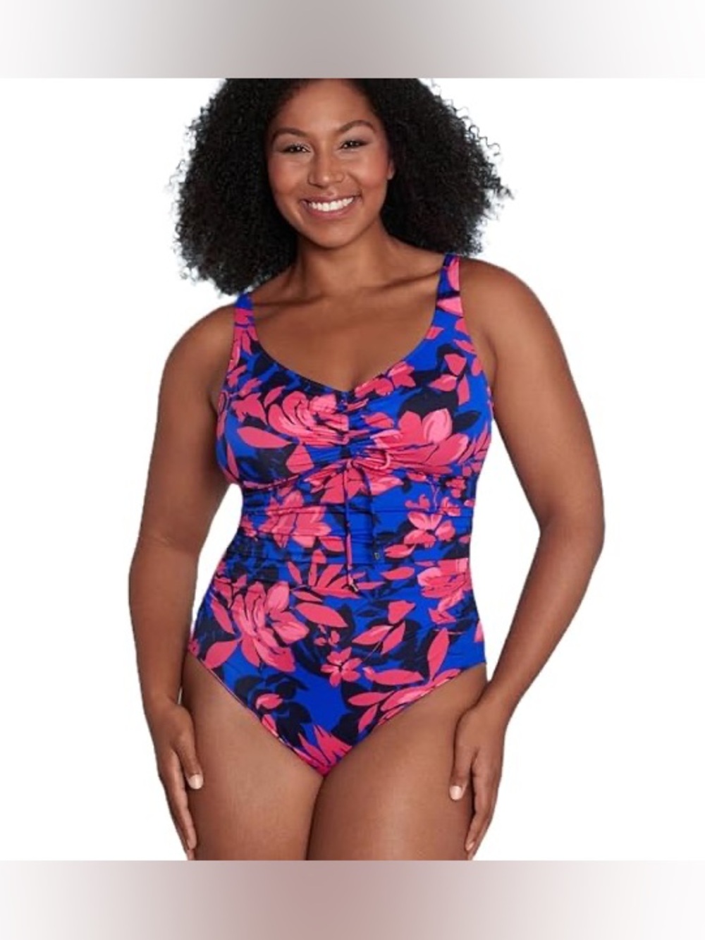 Aqua Green UPF 50 Cinch Front One Piece Swimsuit Floral XL NWT